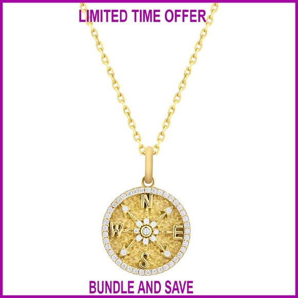 14K Gold Plated Sterling Silver Compass Necklace with CZ Adjustable Chain